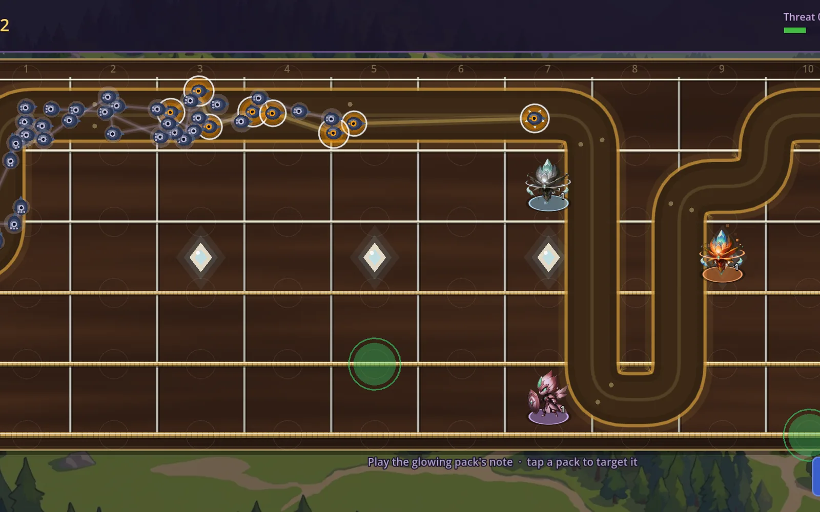A glowing group of creatures marches along a path drawn across a guitar fretboard